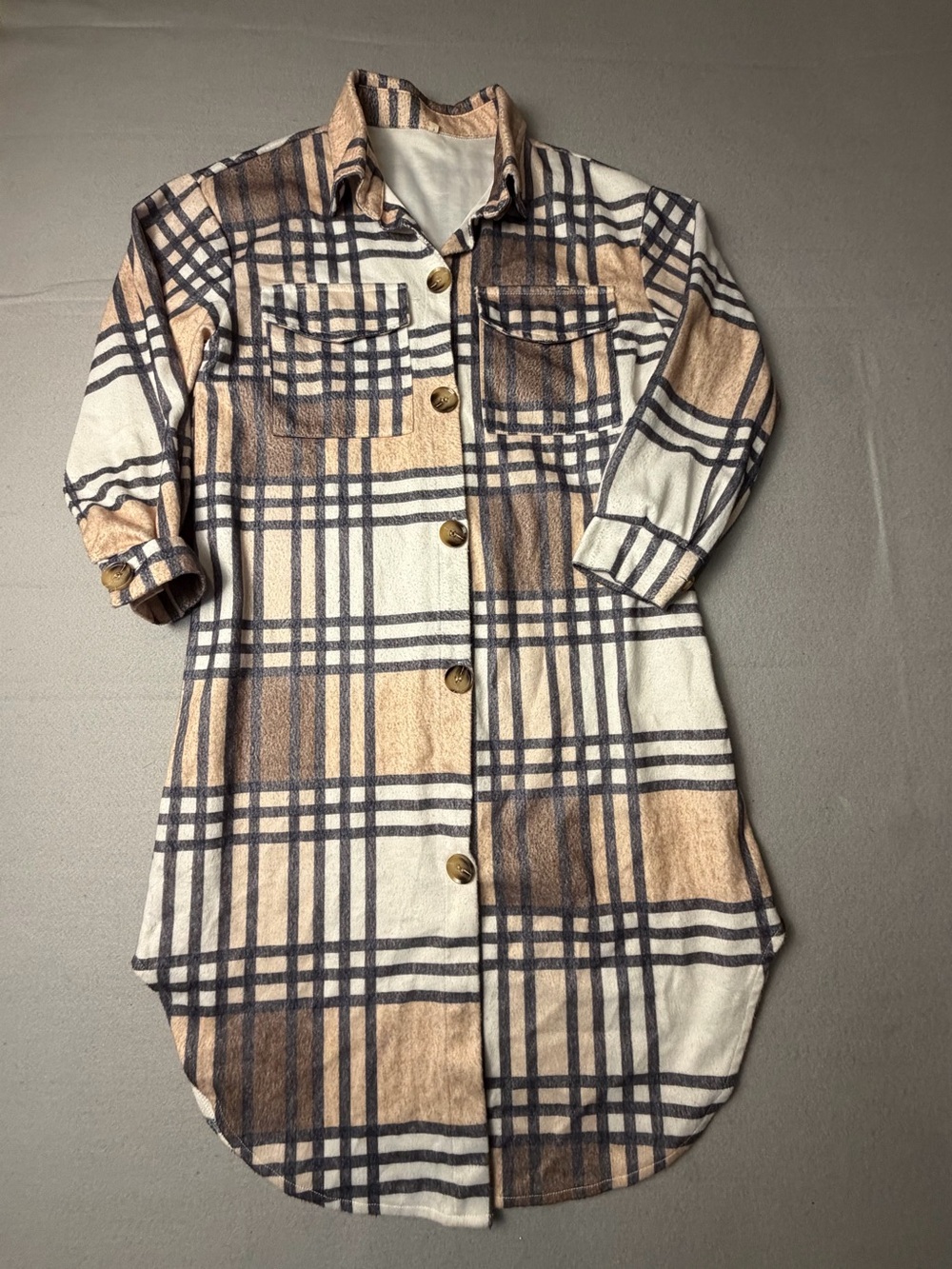 Source Unknown Beige & Black Plaid Long-Sleeve Shacket Dress Flannel  S